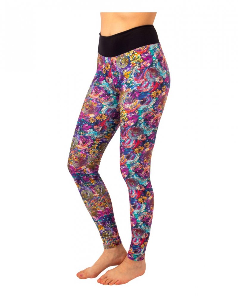 Leggings a vita alta da donna, fiori viola S