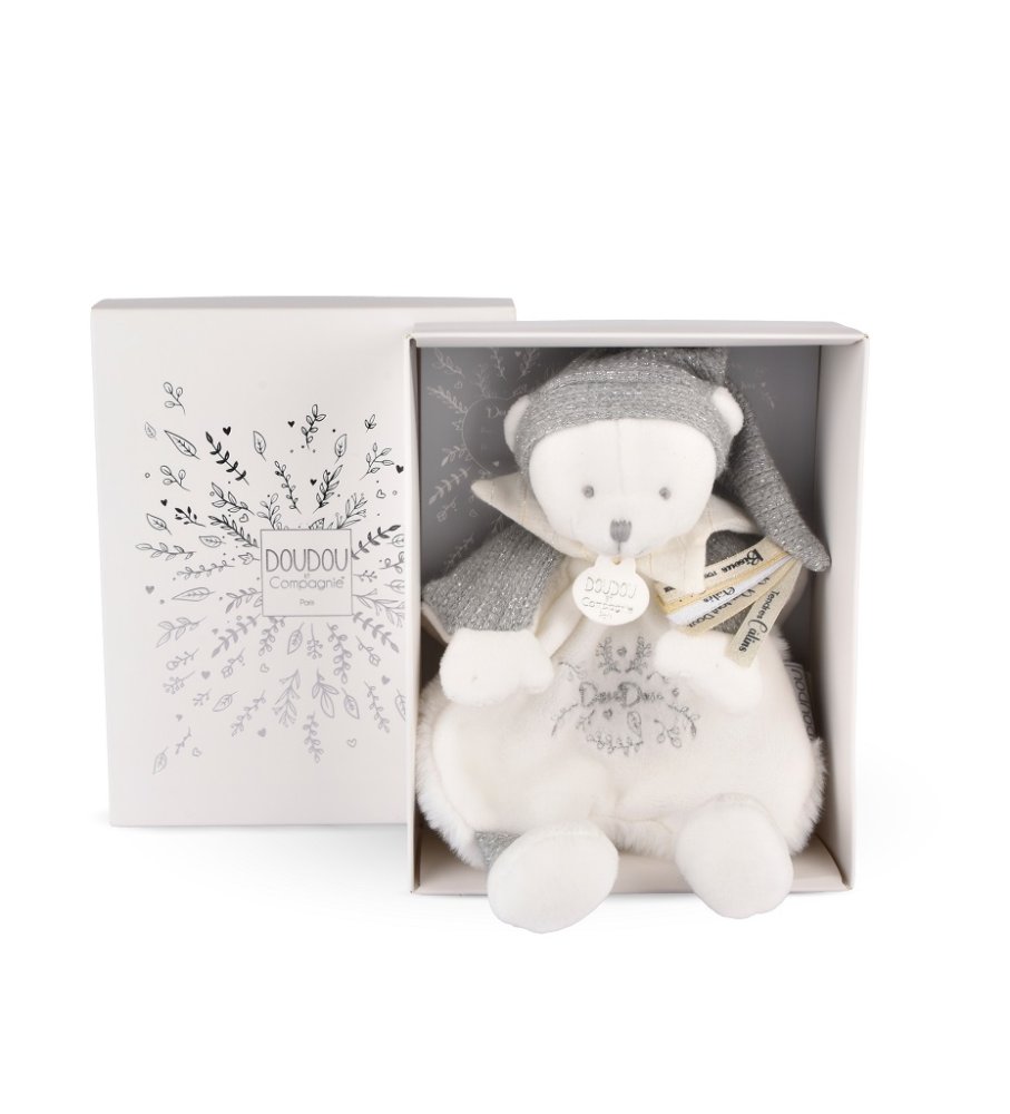 Doudou Geschenkset Plüsch Schmusetuch Teddybär mit Mütze grau 25 cm