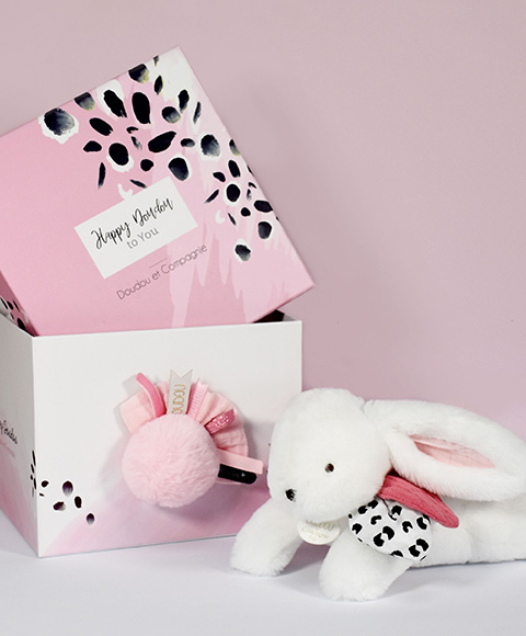 Doudou Dárková sada - Plyšový králíček s růžovou bambulkou 25 cm