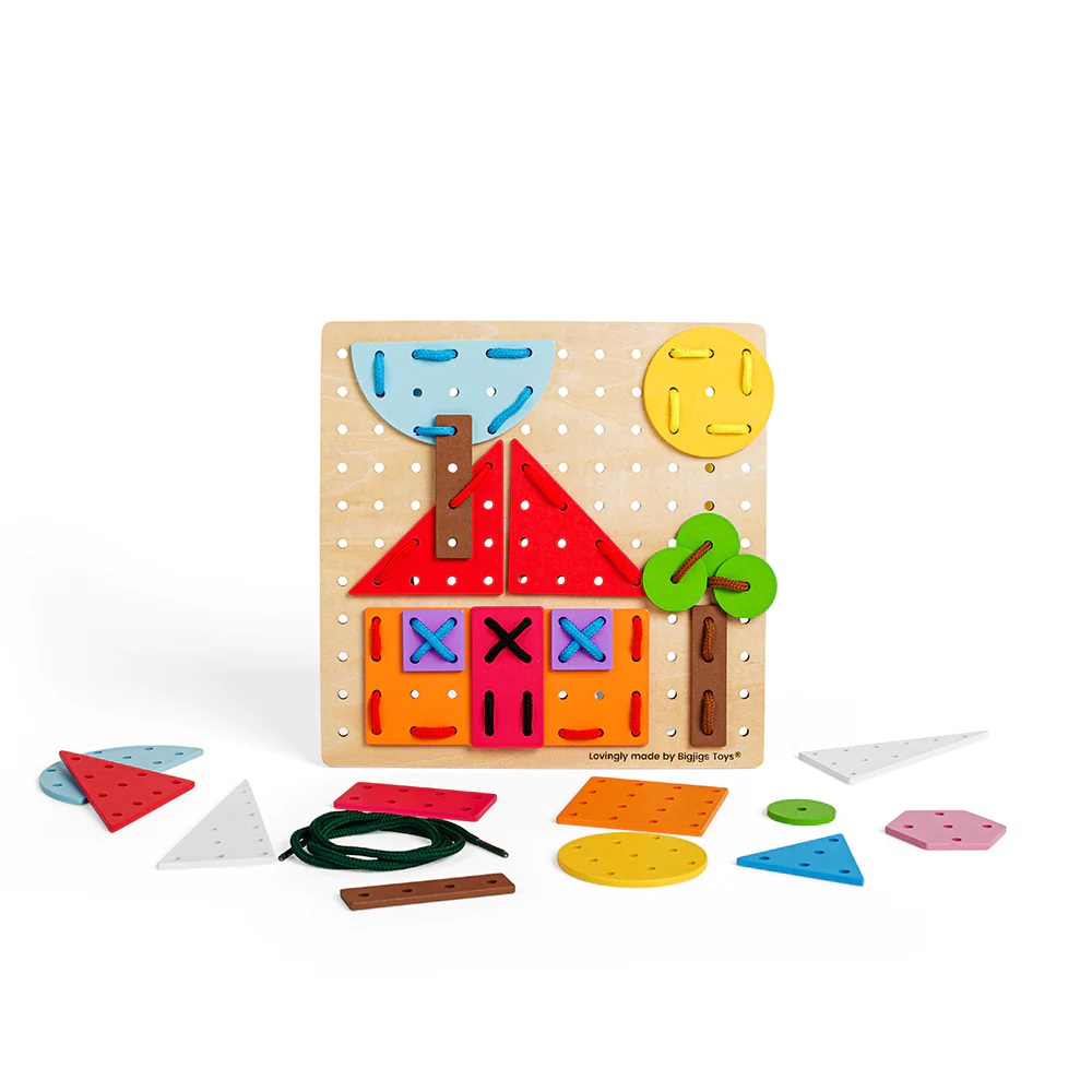 Bigjigs Toys Dřevěná šněrovací hra Geometrické tvary (obrázek 2)