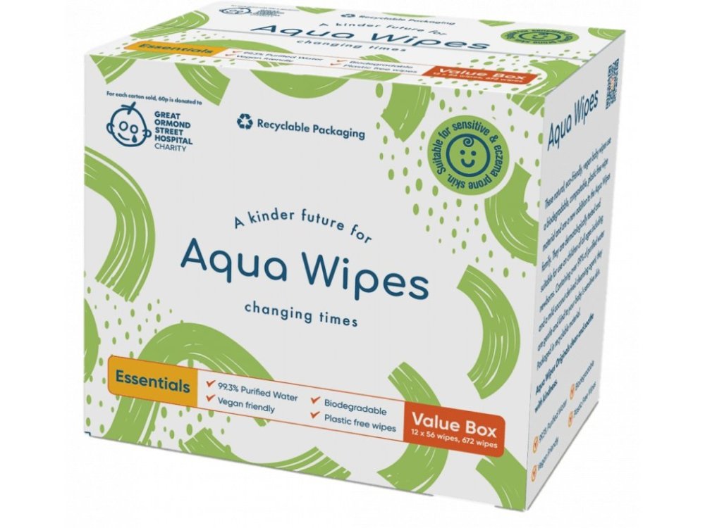 AQUA WIPES Tücher 100 % Biologisch Abbaubar, 99 % Wasser, 12x56 Stück = 672 Stück