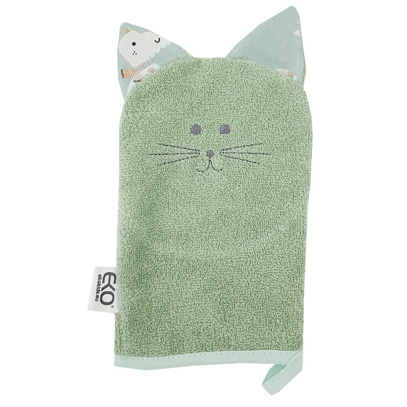 Gant de toilette écologique en coton avec oreilles Chat Vert olive 20x15 cm