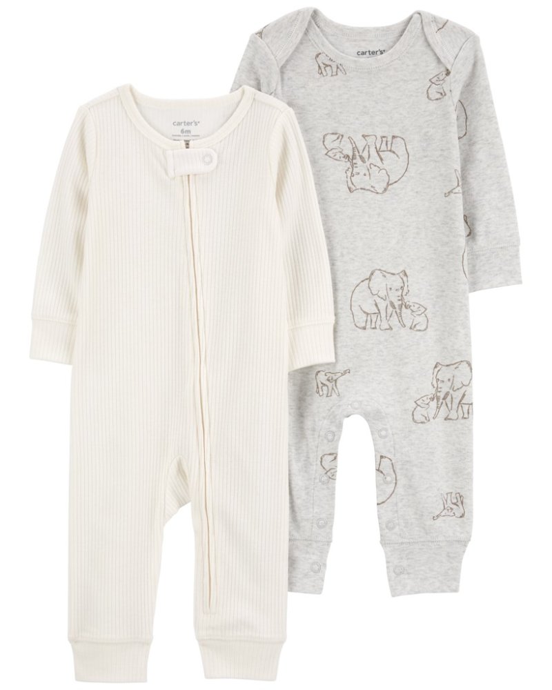 CARTER'S Pajacyk Gray Elephant + Ivory Stripe neutral MFL 2 szt. 9m/rozm. 74