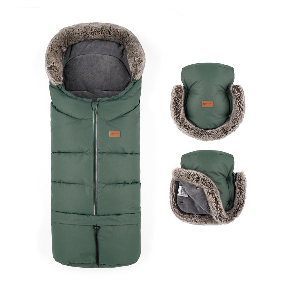 PETITE&MARS Ensemble chancelière d'hiver Arctic 4 en 1 + gants pour poussette Furry Veritable Kaki