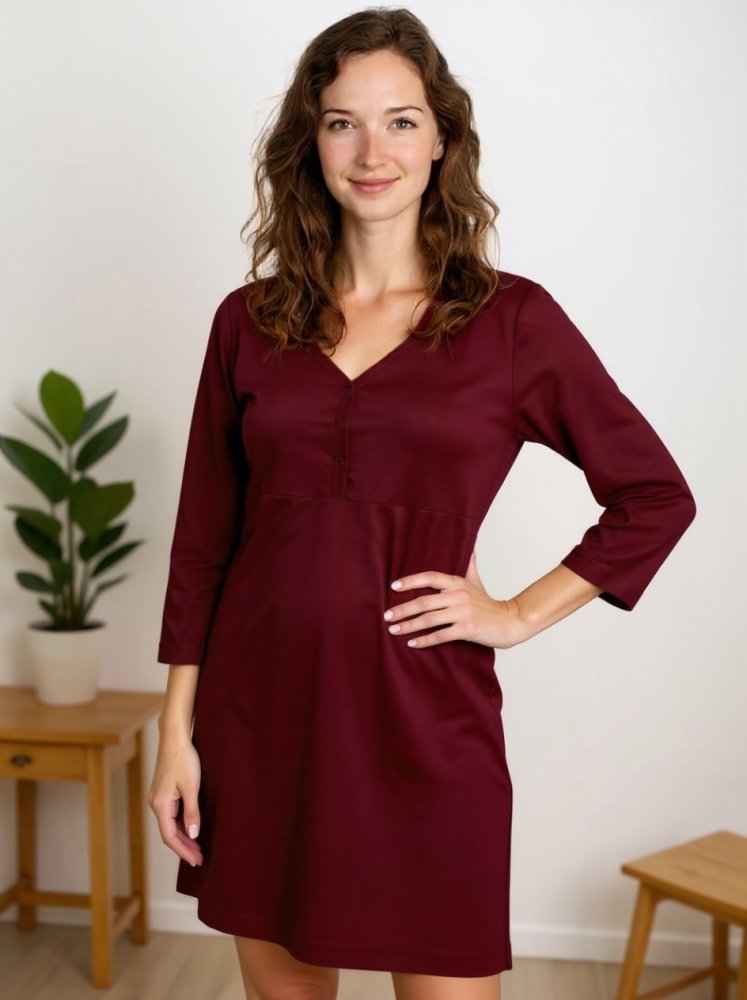 Koszula nocna do karmienia, rękaw 3/4, bordowa L/XL