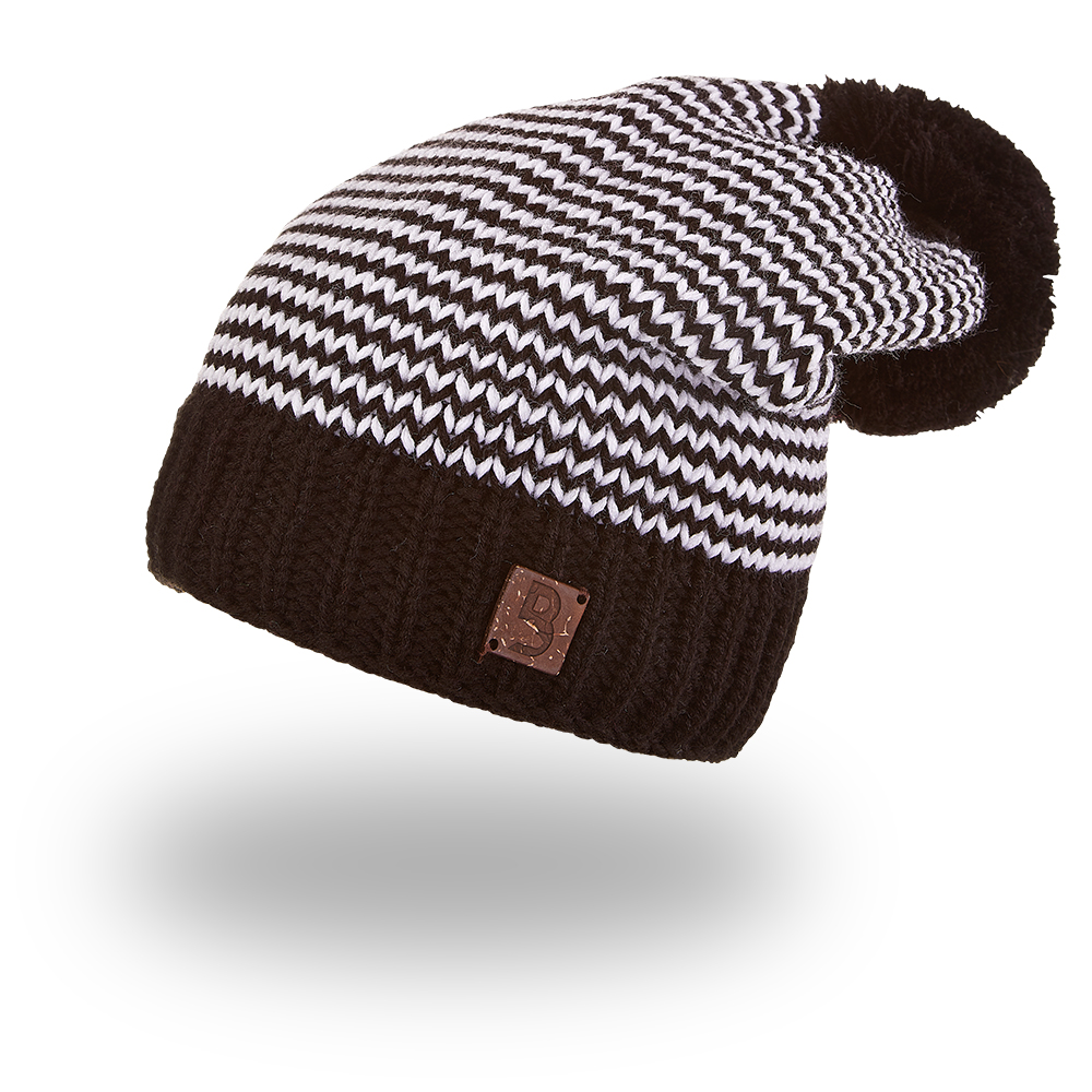 Mütze Zick-Zack gestrickt mit Bommel Outlast ® - Schwarz-Weiß 5 | 49-53 cm