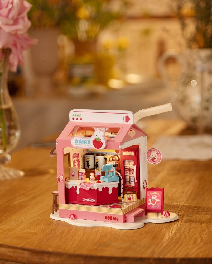 RoboTime 3D dřevěná skládačka Miniatura domečku Mléčný bar Strawberry (obrázek 7)