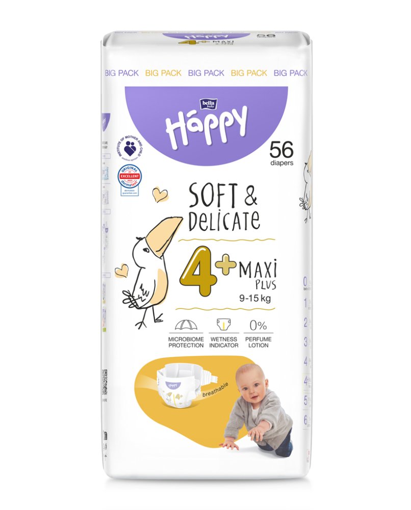 BELLA HAPPY Pieluszki Dziecięce Jednorazowe Maxi Plus 9-15 Kg Big Pack 56 Szt