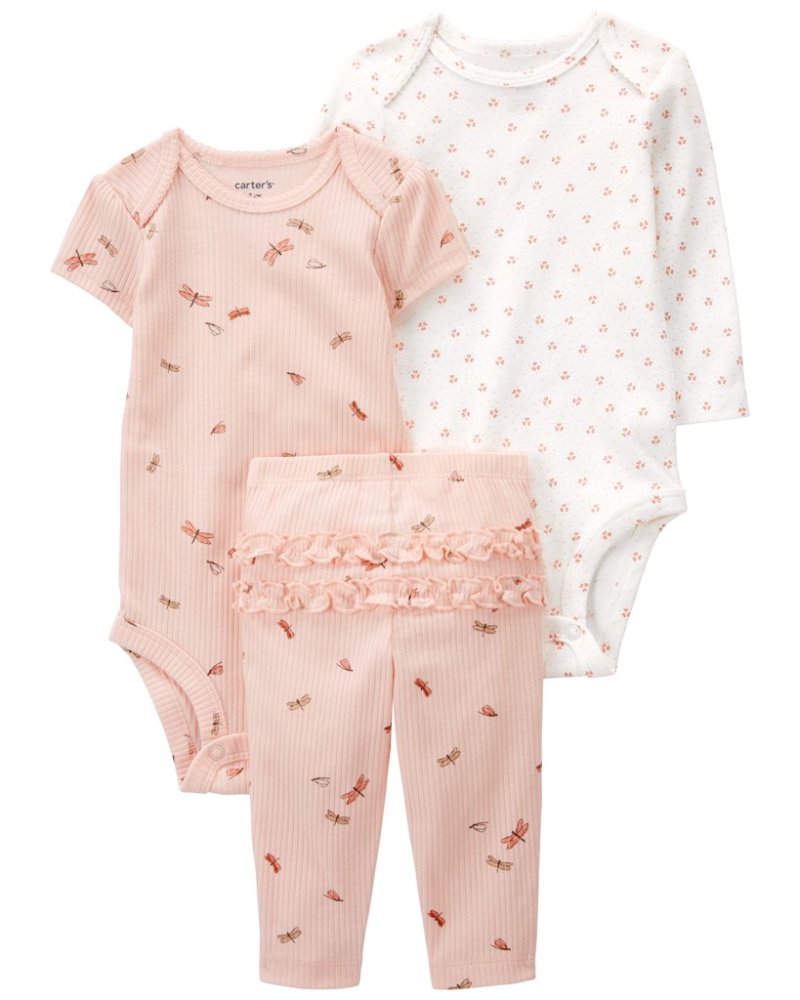 Completo body lungo da 3 pezzi di CARTER. manica, corpo corto manica, leggings Pink Dragonfly bambina taglia 9m. 74