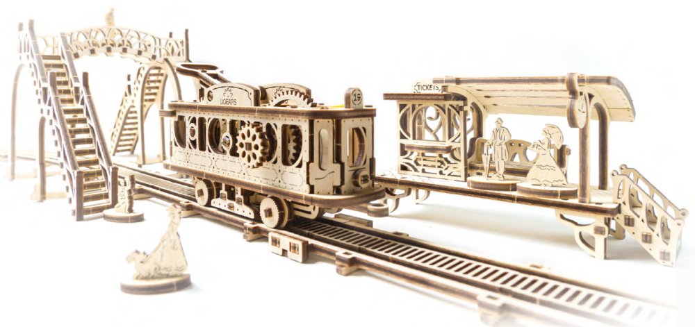 Ugears 3D puzzle de madera mecánico Mechanical Town línea de tranvía