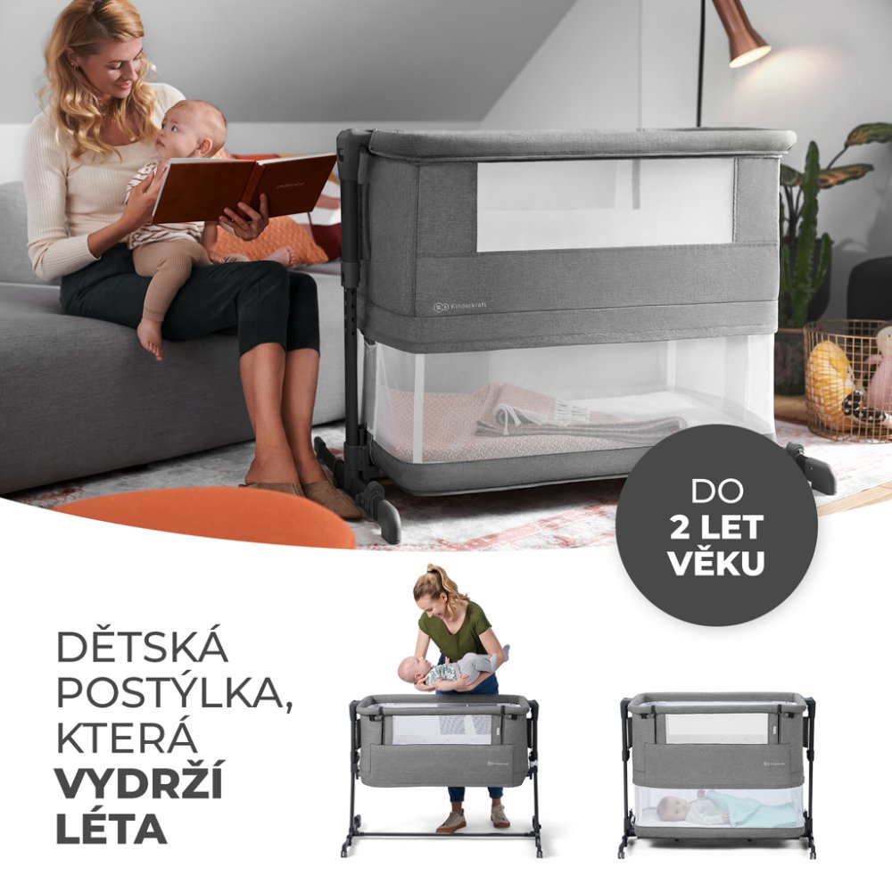 KINDERKRAFT Postýlka Dětská Polohovatelná Neste Grow Grey Melange