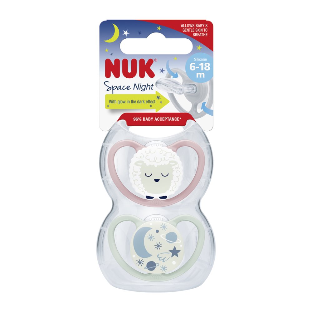 NUK Pacifier Space Night Silicone, V2, 6-18 M 2 Pcs Box - Girl