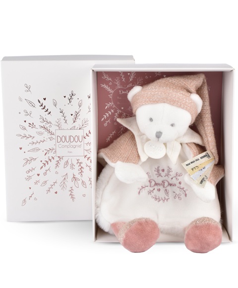 Doudou Geschenkset Plüsch Schmusetuch Teddybär mit Mütze rosa 25 cm