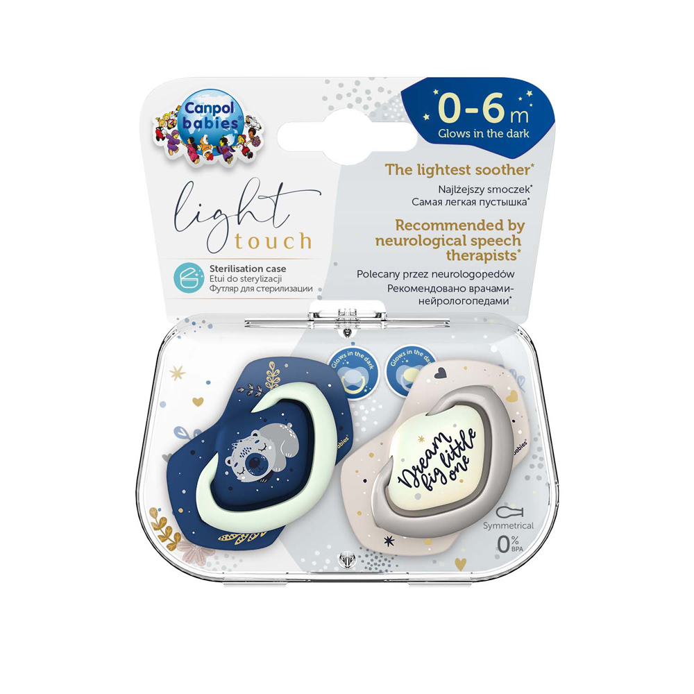 CANPOL BABIES Set de chupetes de silicona simétricos Light touch 0-6m Sleepy koala azul - Imagen 3