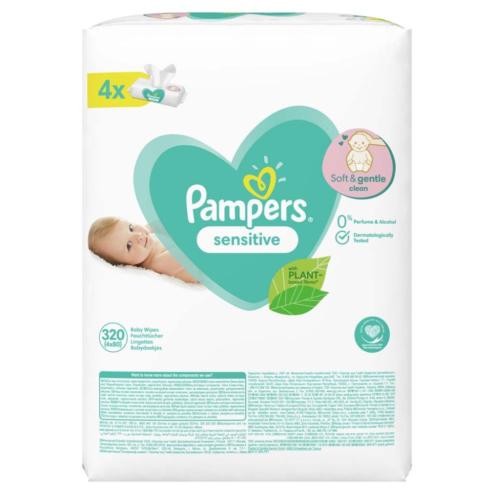 PAMPERS Sensitive Chusteczki Nawilżane, 4 Opakowania = 320 Szt