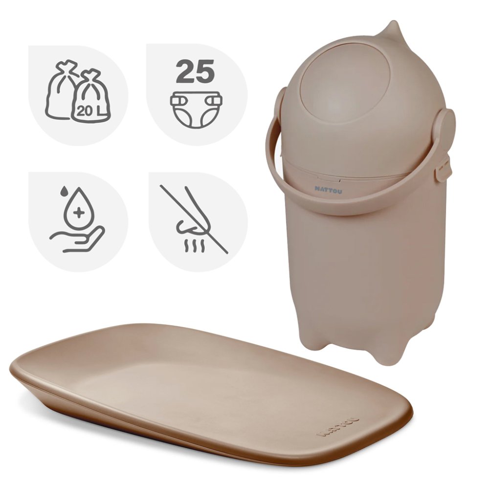 NATTOU Koš na pleny Dropy a přebalovací podložka Softy Taupe 50×70 cm