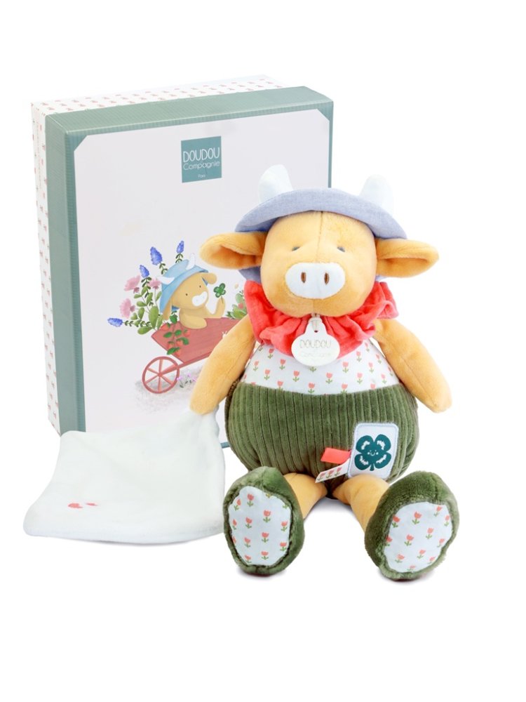 Doudou Zestaw upominkowy Pluszowa krówka Aneth z kocykiem zielona 28 cm