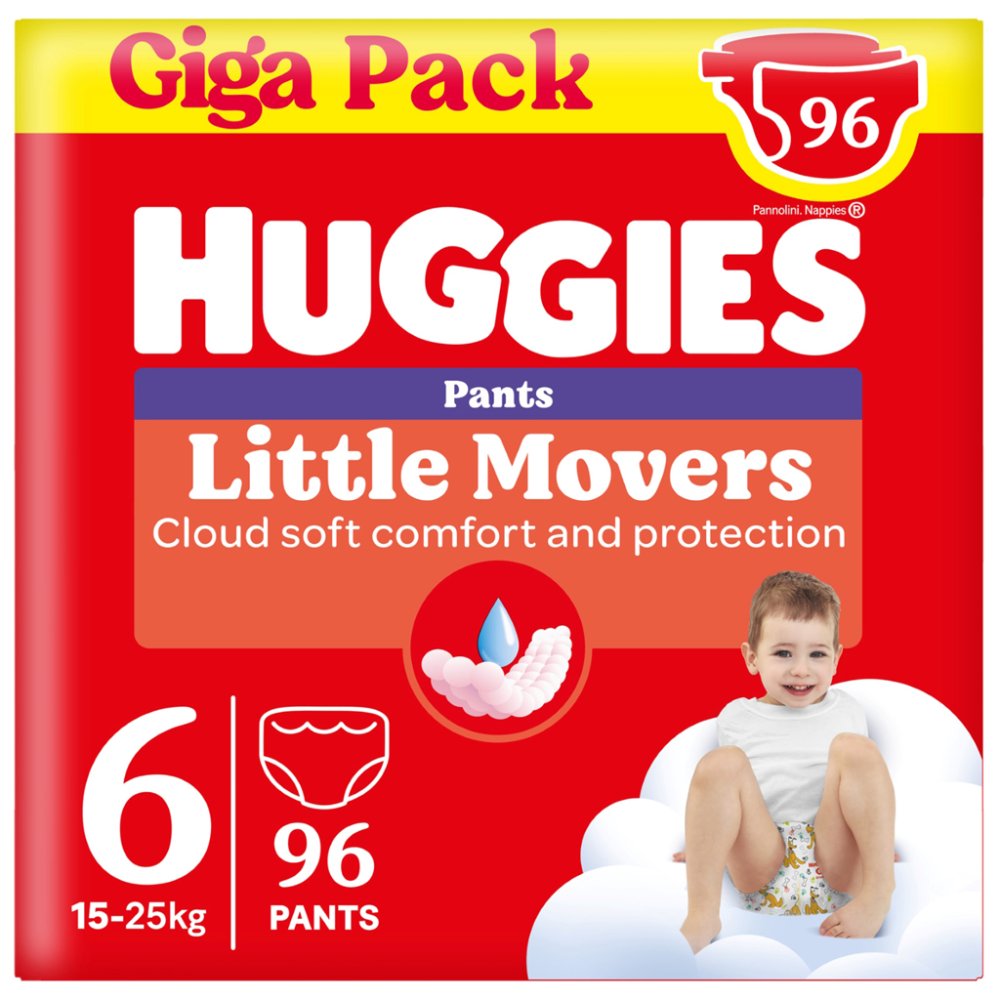HUGGIES® Pañales-braguita desechables Little Movers Pants talla 6 (15-25 kg), 96 unidades CAJA