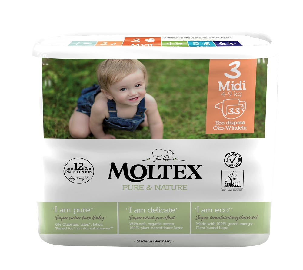 4x MOLTEX Pure&Nature Wegwerpluiers 3 Midi (4-9 Kg) 33 Stuks - ECONOMY PACK