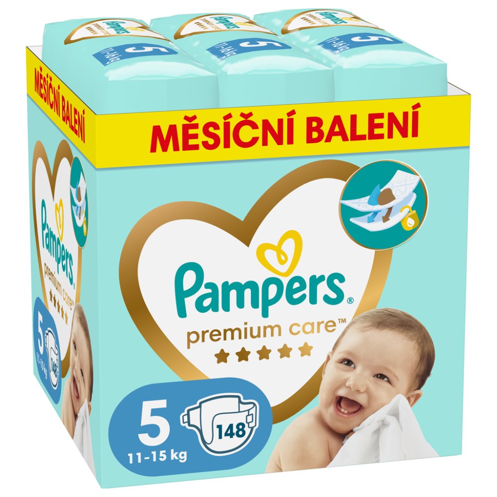 PAMPERS Pleny Jednorázové Premium Care Vel. 5 (148 Ks) 11-16 Kg - Měsíční Balení