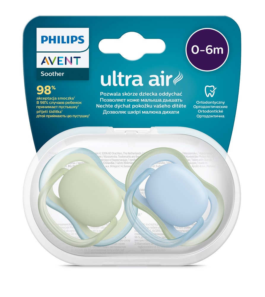 Philips AVENT Smoczek Ultra Neutralny Dla Powietrza 0-6 M, Chłopięcy, Niebieski, 2 Szt