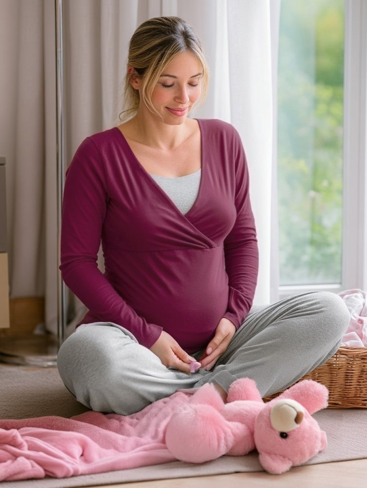 Pyjama de grossesse et d'allaitement, long, cyclamen + chiné gris L/XL