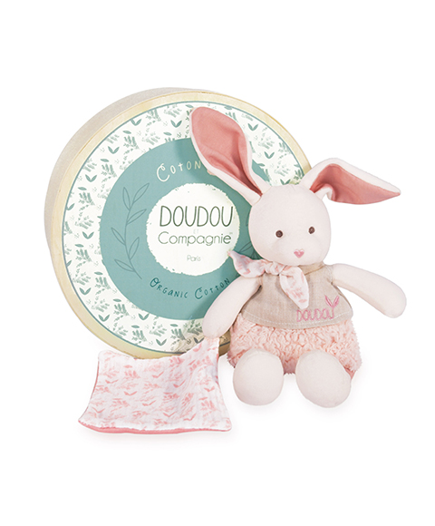 Coffret Cadeau Doudou - Lapin en peluche Écru avec couverture rose en coton BIO 22 cm