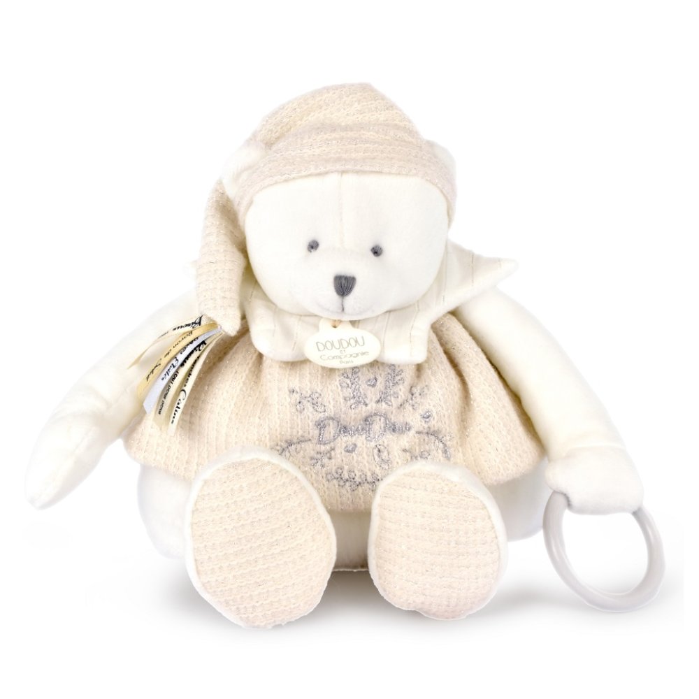 Doudou Zestaw upominkowy Pluszowy miś polarny z kółkiem 30 cm beżowy