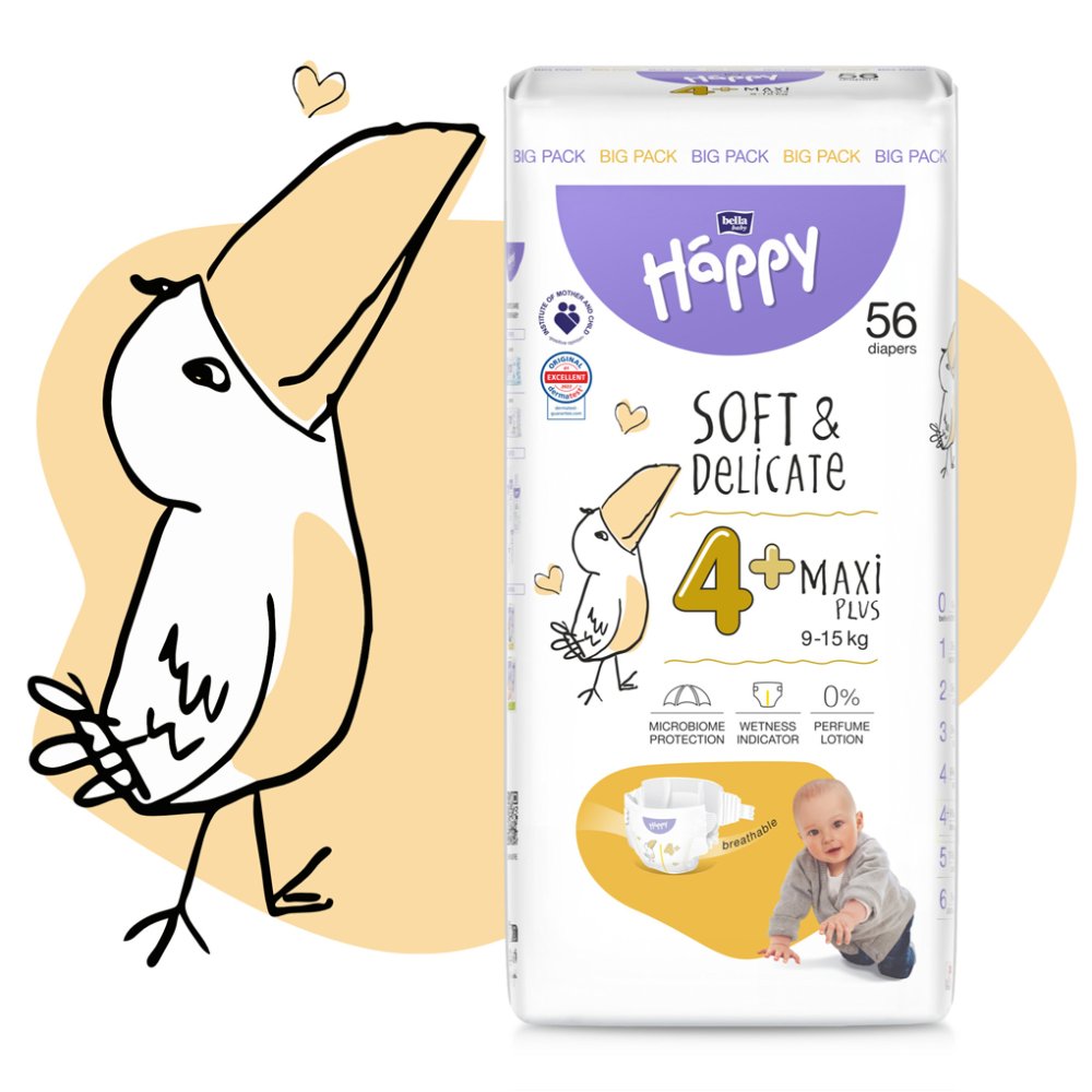 BELLA HAPPY Pieluszki Dziecięce Jednorazowe Maxi Plus 9-15 Kg Big Pack 56 Szt