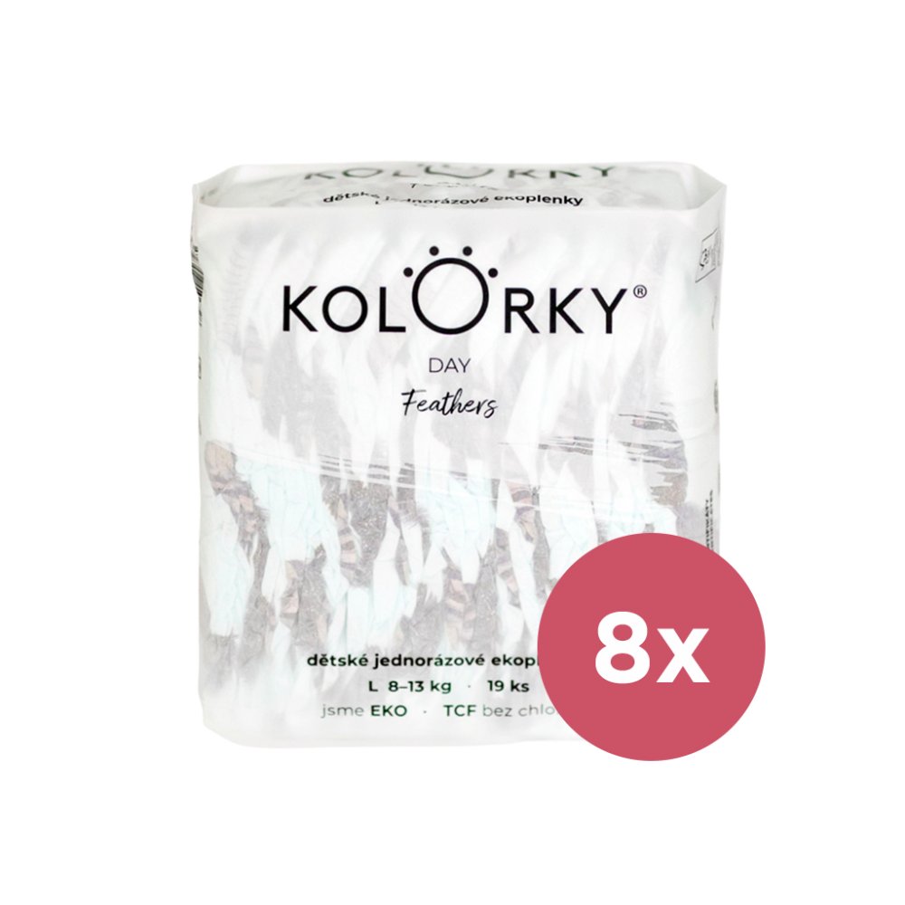 KOLORKY DAY Couches Jetables Eco, Plumes L (8-13 Kg) 152 Pcs - STOCK MENSUEL