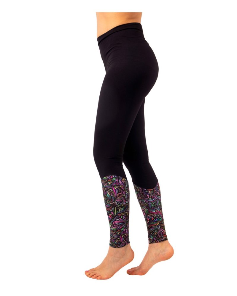 Damskie legginsy z wysokim stanem, czarne + abstrakcyjne kwiaty S