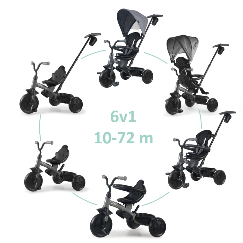 QPLAY Tricycle Elite Platinum Grey, 6 en 1, âge 10-72 mois