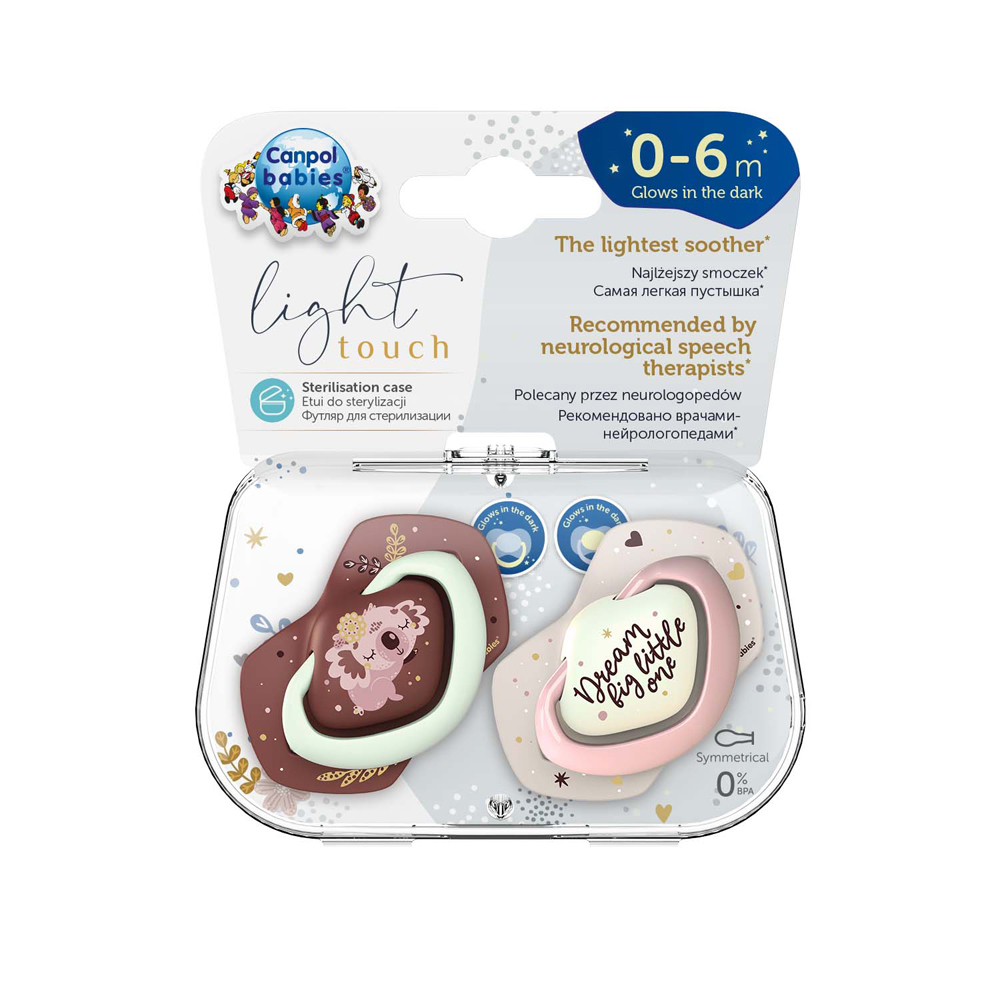 CANPOL BABIES Set de chupetes de silicona simétricos Light touch 0-6m Sleepy koala rosa - Imagen 3