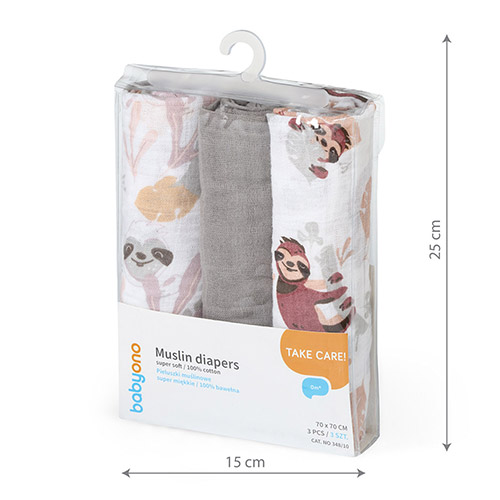 BABYONO Super Soft Muslin Diapers 3 Pcs - Grey, 70x70 Cm