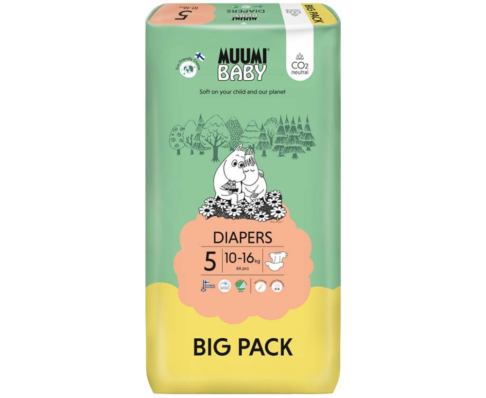 MUUMI Baby 5 Maxi+ 10-16 Kg (66 Kom), Eko Pelene