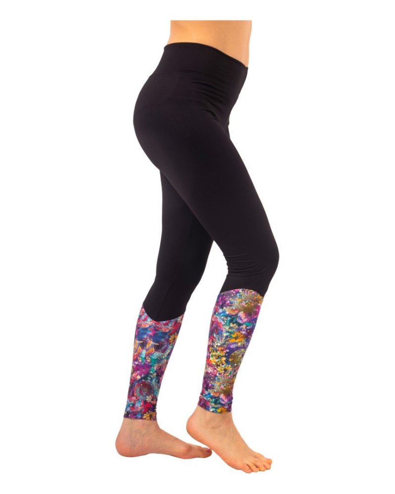 Leggings a vita alta da donna, nero + fiori viola L