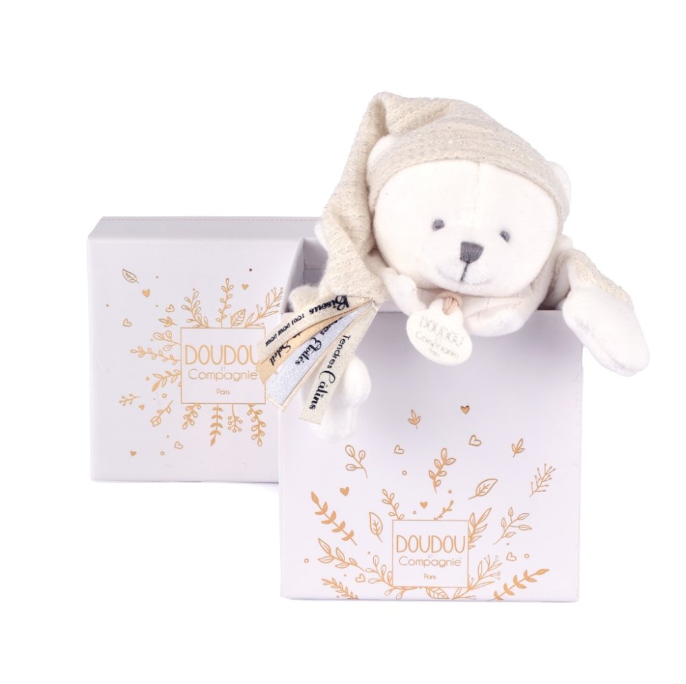 Doudou Geschenkset Plüsch Schmusetuch Teddybär mit Mütze beige 25 cm