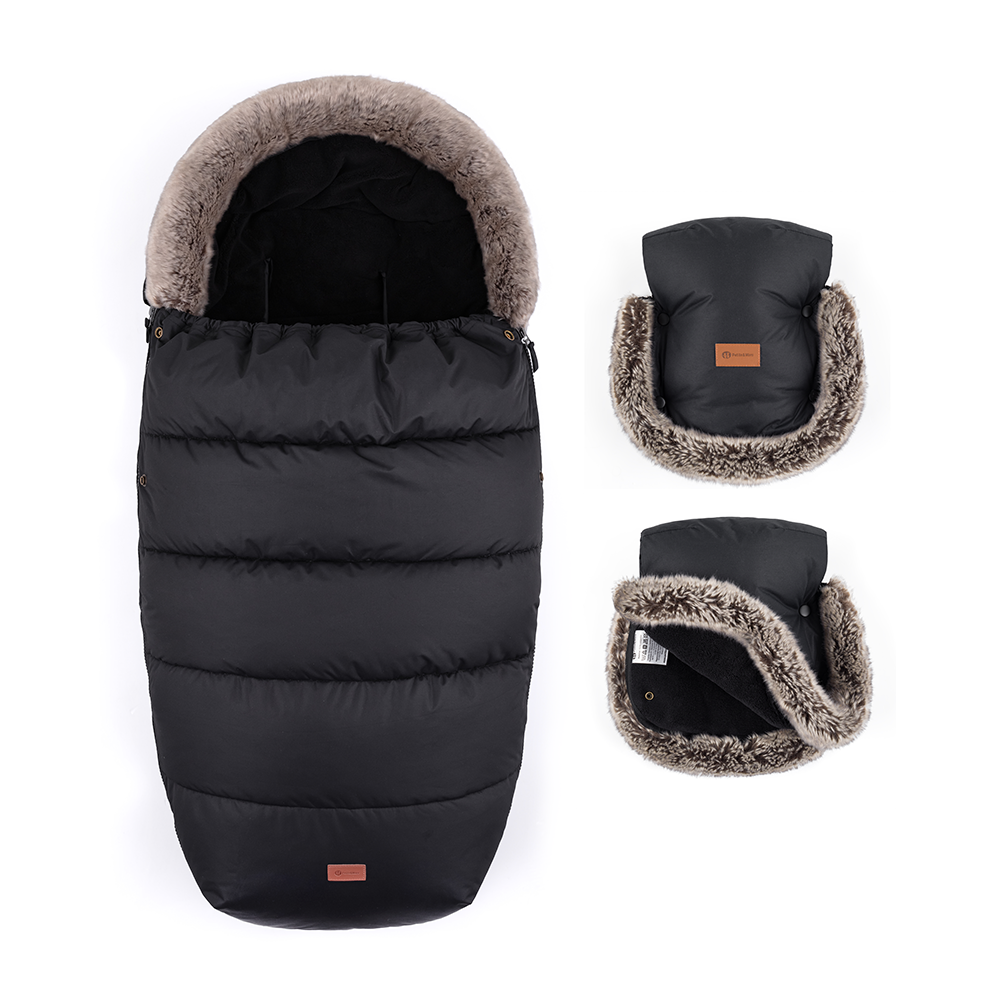 PETITE&MARS Zestaw zimowy śpiworek Comfy 4w1 + rękawice do wózka Furry Forever Black